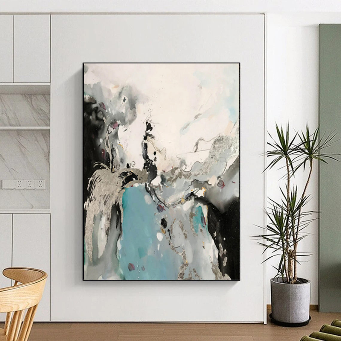 “Black, White, and Blue with Metallic Accents”,Ethereal Abstract Painting CT0365