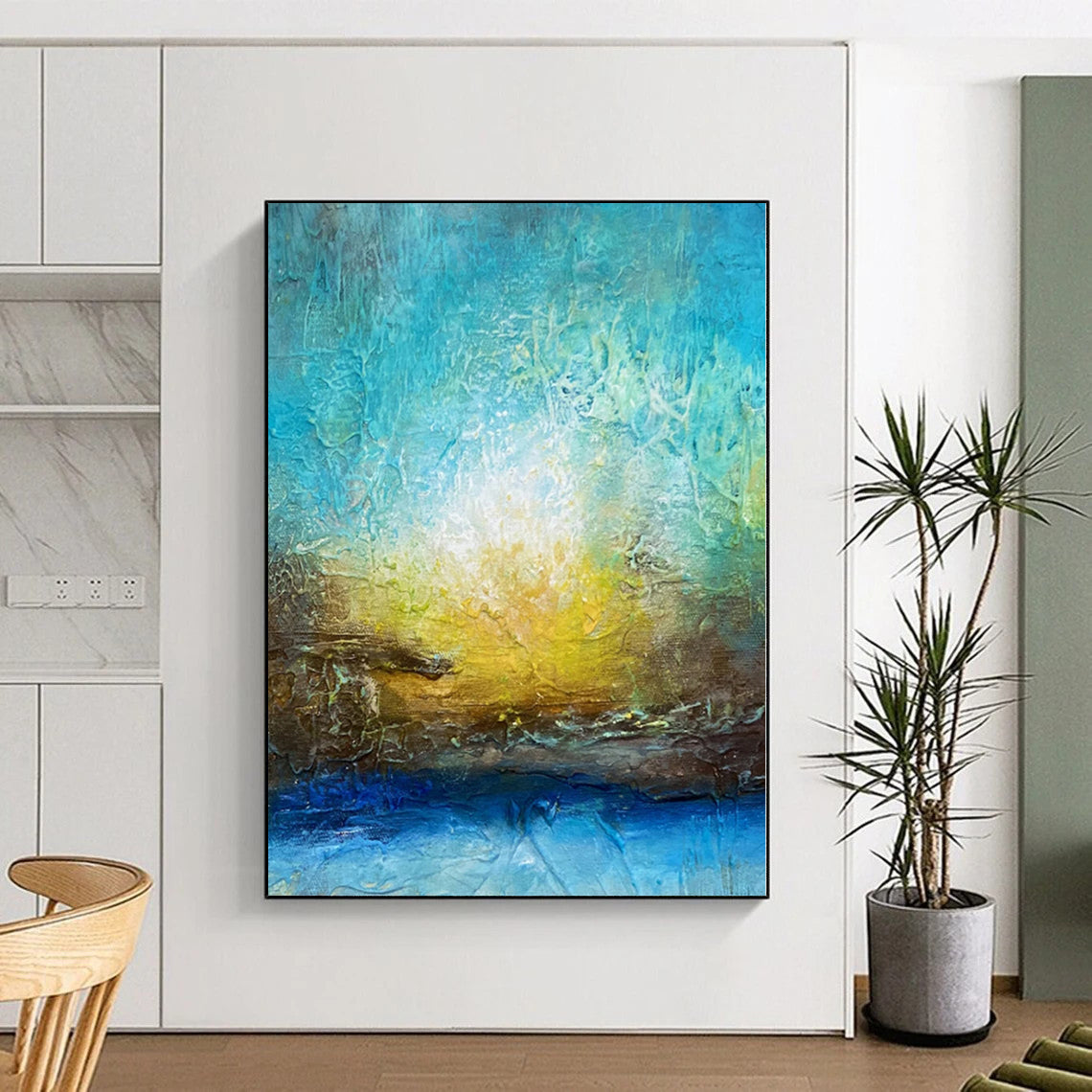 “Sunrise Textures” - Abstract Painting with Blue, Teal, Yellow, Brown CT0046