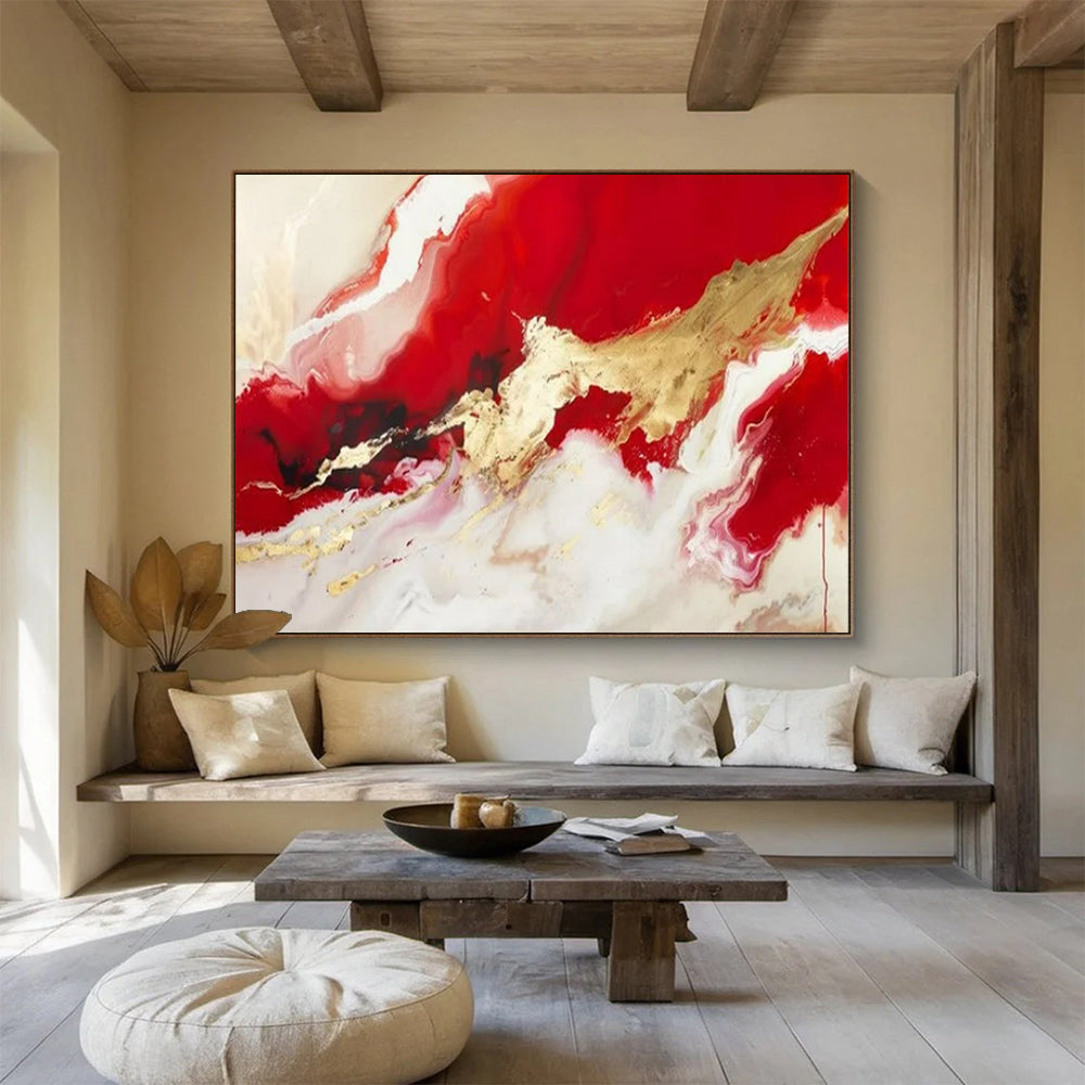 “Red - Gold Fluid Abstraction” - Reds, whites, golds; flowing, metallic - accented color waves CT1614