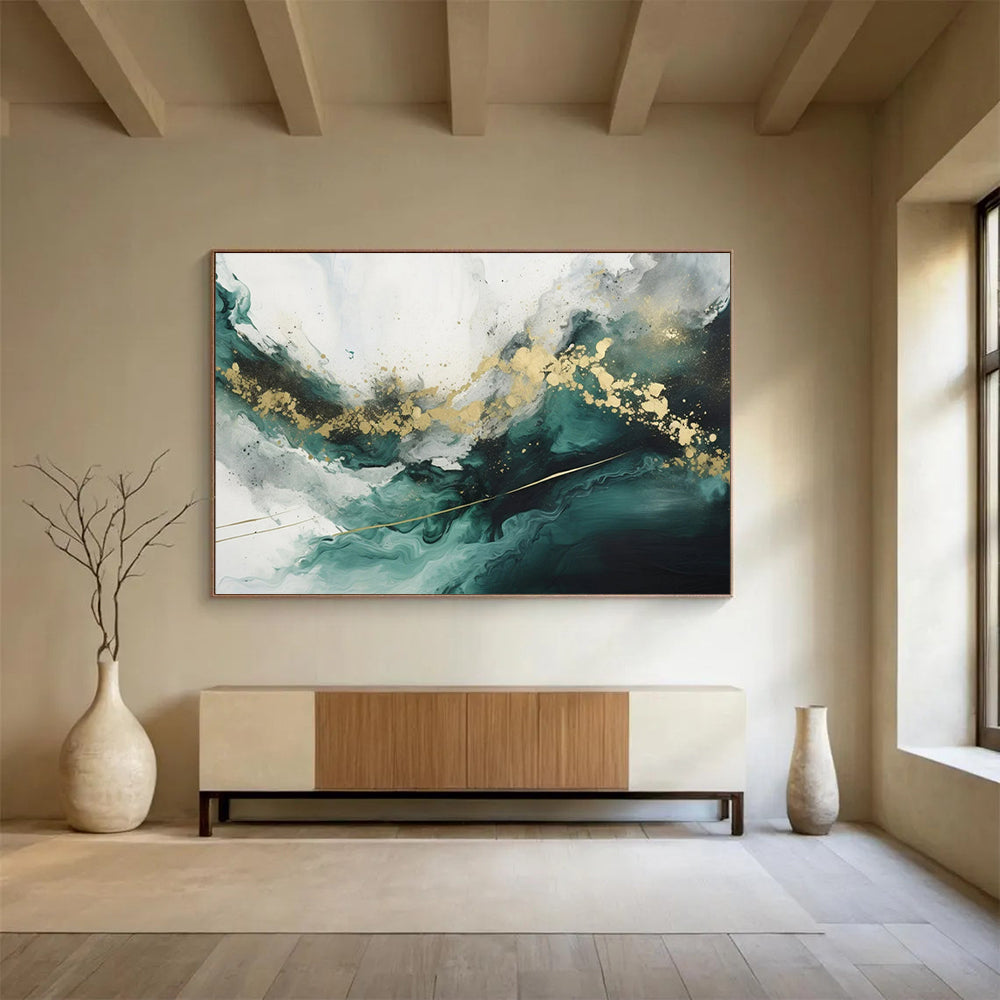 “Teal - Gold Fluid Waves” - Teals, greens, golds; flowing, marble - like abstraction CT1616