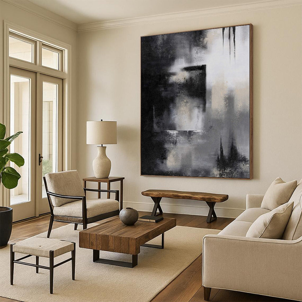 “Monochrome Mystery” - Abstract Painting with Black, White, Gray CT0076