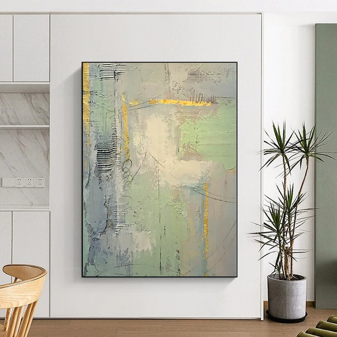“Grey - Green Abstract with Gold Details”,Textured Abstract Painting CT0374