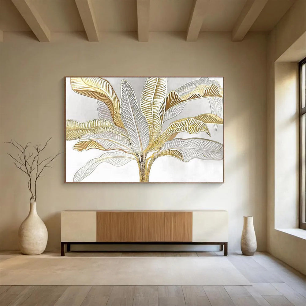 “Gilded Tropical Leaves” - Gold, silver, white; painted leaves with a metallic look CT1560