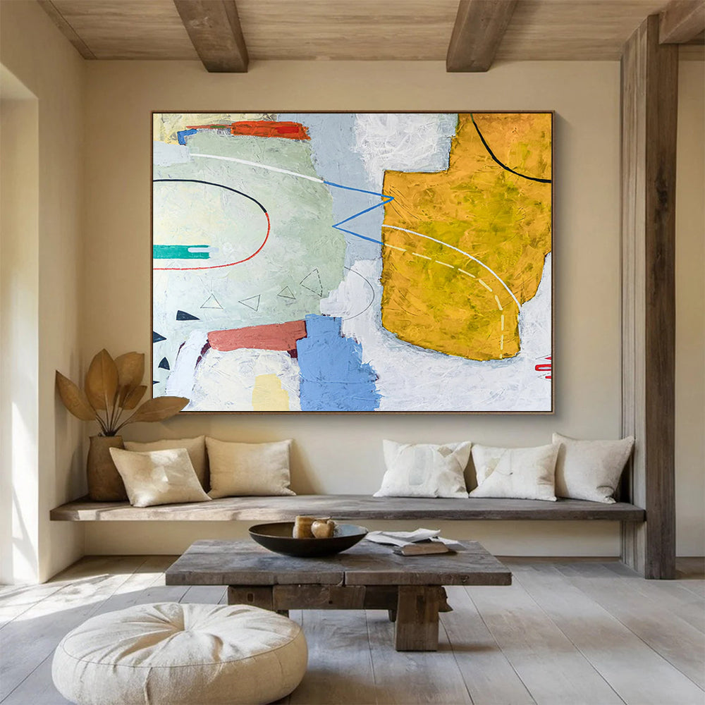 “Curved Lines and Color Patches in Pastels and Yellows” - Soft Abstract Acrylic Art CT1809