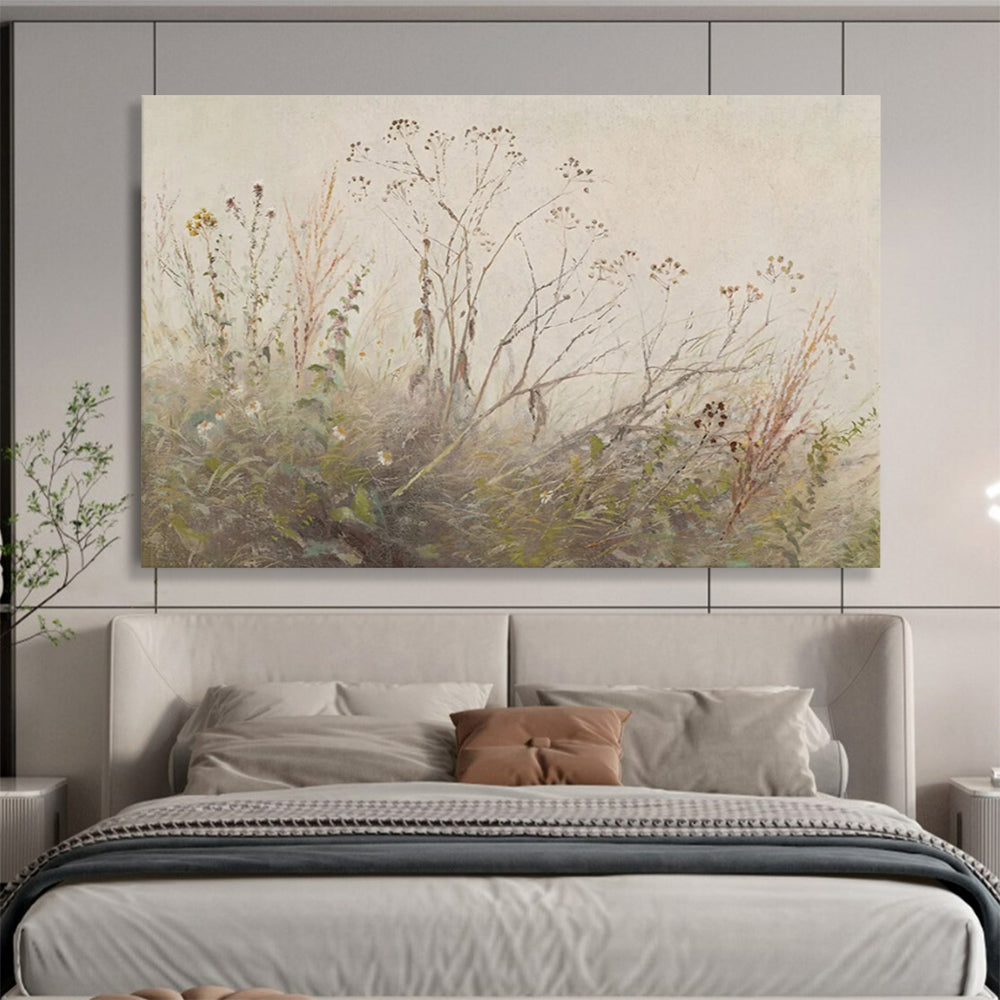 “Autumn Weeds” - Muted greens, browns, whites; delicate, faded plants in a gentle landscape CT1487
