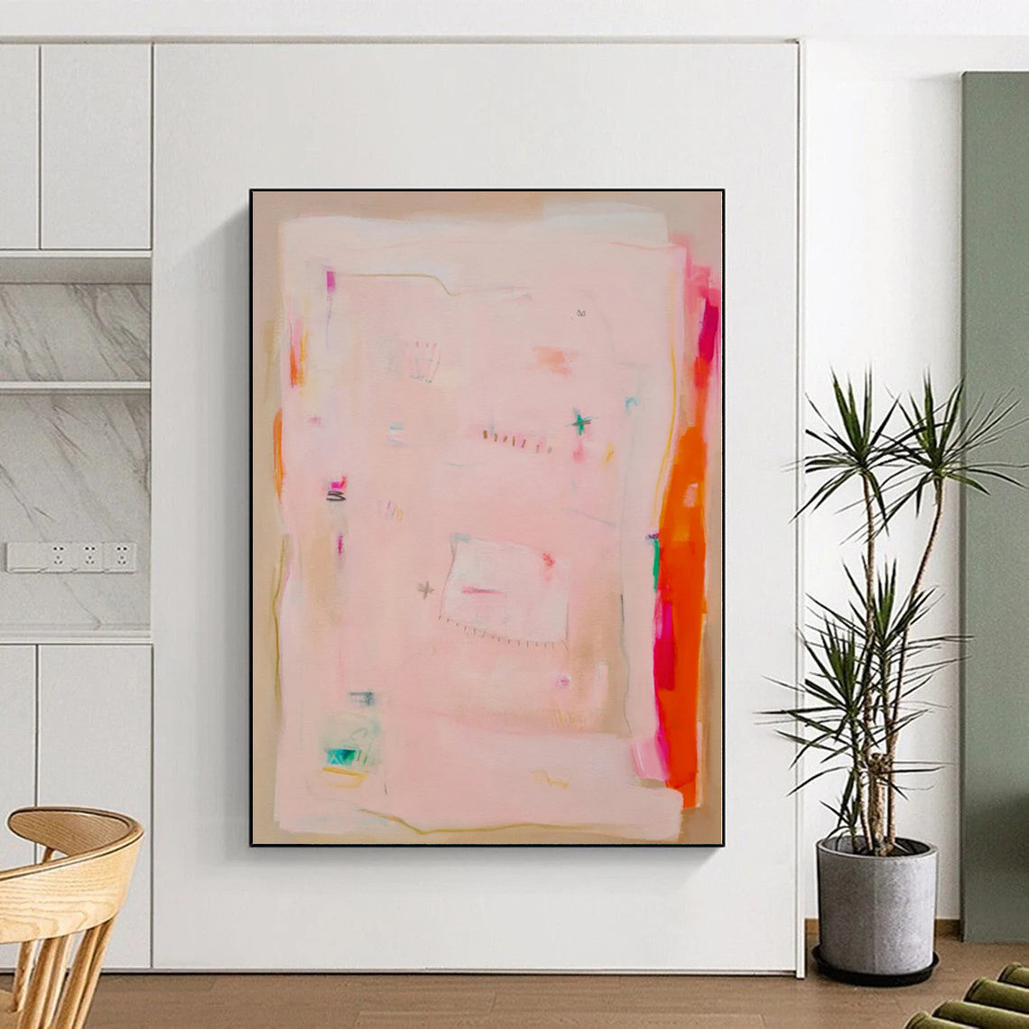 “Soft Pink Patches” - Abstract Art with Pink, Orange, Green, Blue, White CT0078