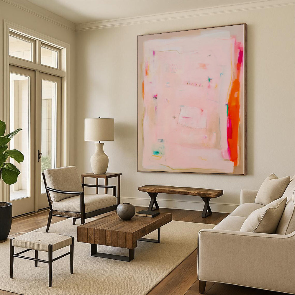 “Soft Pink Patches” - Abstract Art with Pink, Orange, Green, Blue, White CT0078