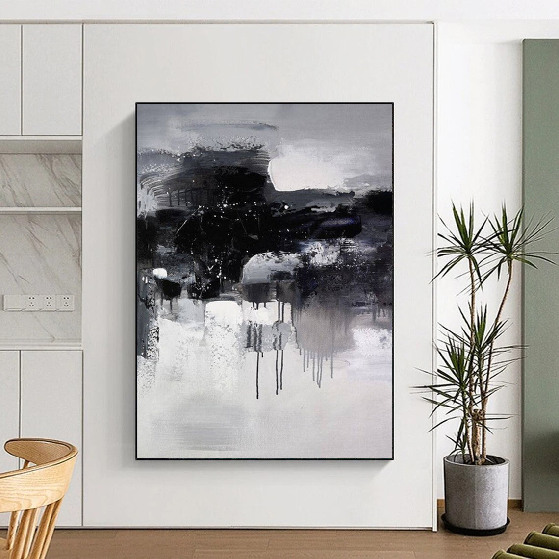 “Black - White Abstract Drizzle”,Expressive Abstract Painting CT0376
