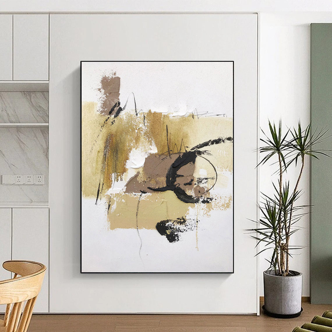 “Beige - Black Textured Abstraction” - Abstract Expressionist Art CT0500