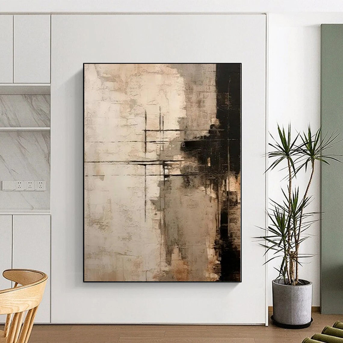 “Beige - Black Grid Textures” Abstract Acrylic Art CT0272