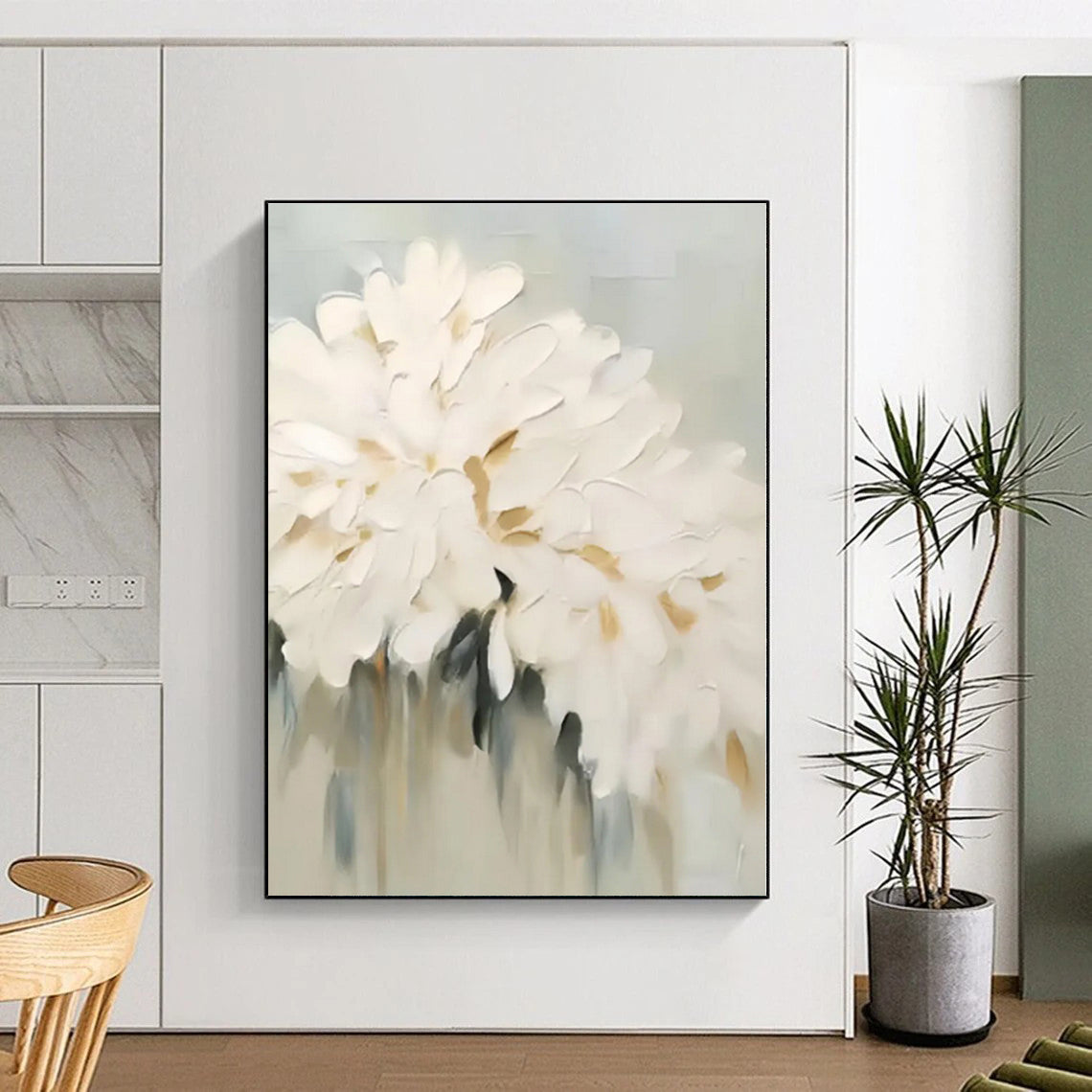 “Textured White Flowers”,Abstract Floral Impasto Painting CT0543