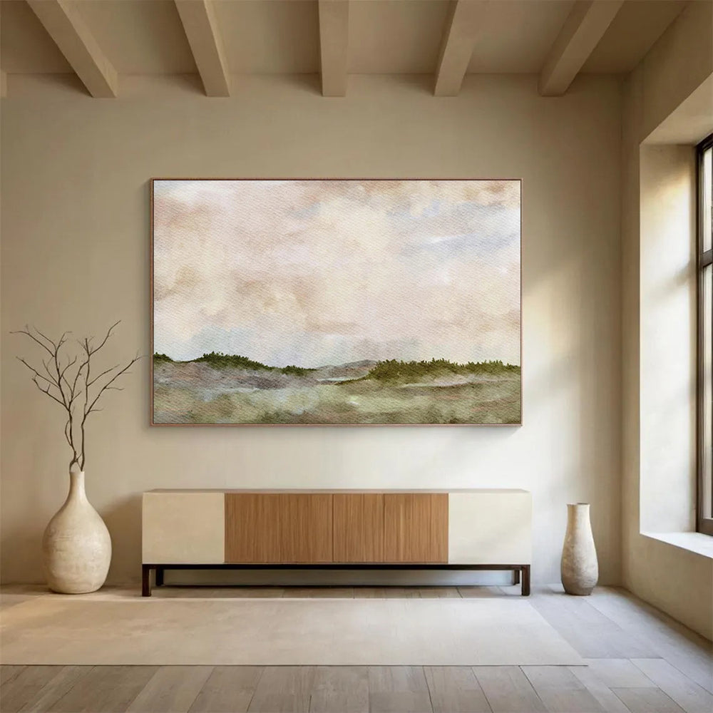 “Hazy Horizons” - Soft pinks, blues, greens; dreamy, misty landscape with distant hills CT1488