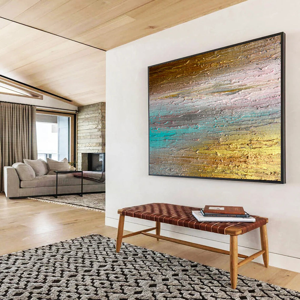 “Sunset Horizons” – Layered golds, teals, pinks in thick, horizontal acrylic strokes CT1691