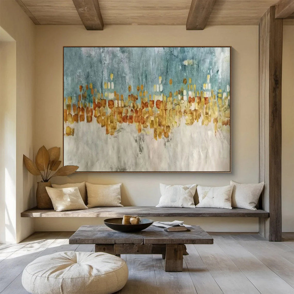 “Blue - Gold Urban Impression” - Blue, gray, gold, orange; blocky urban skyline CT1592