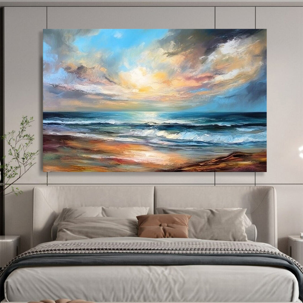 “Seascape Dream” - Blues, oranges, whites; vibrant, swirling sunset over ocean CT1511