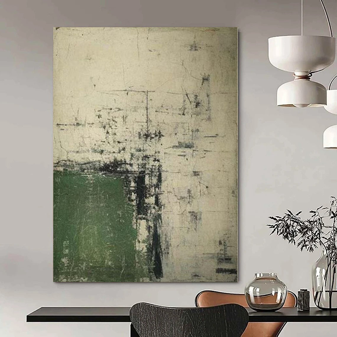 “Green and Gray Abstract Layers” Mixed - Media Art CT0168