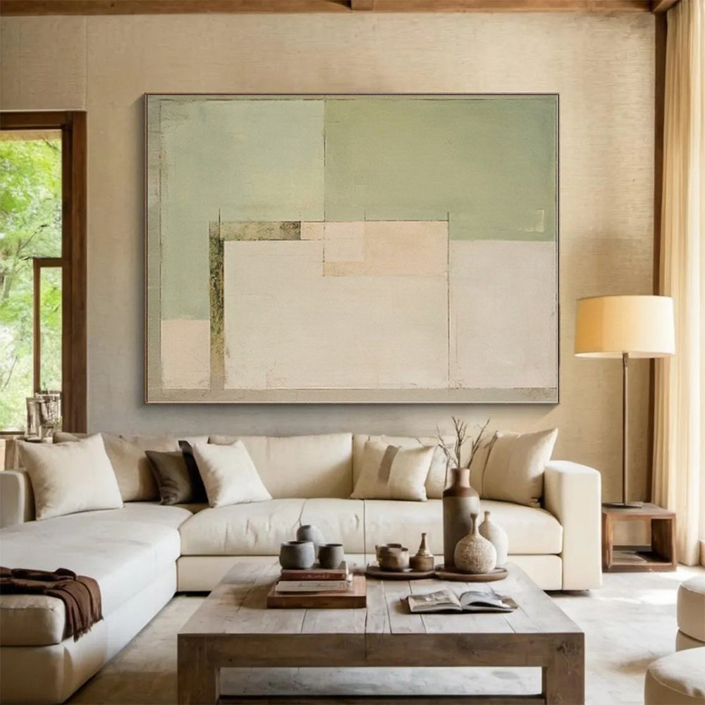 “Soft Green - Beige Minimalist Blocks” - Abstract Subtle Painting CT0398