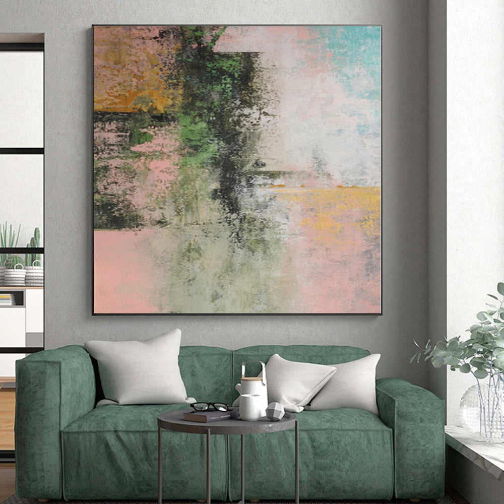 “Blush & Green Fusion” - Abstract Acrylic with Pink, Green, Yellow, Blue CT0044