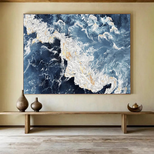 “Sea Splash” - Hues of dark blue, light blue, white, and gold; surging waves with golden glints in the spray CT1528