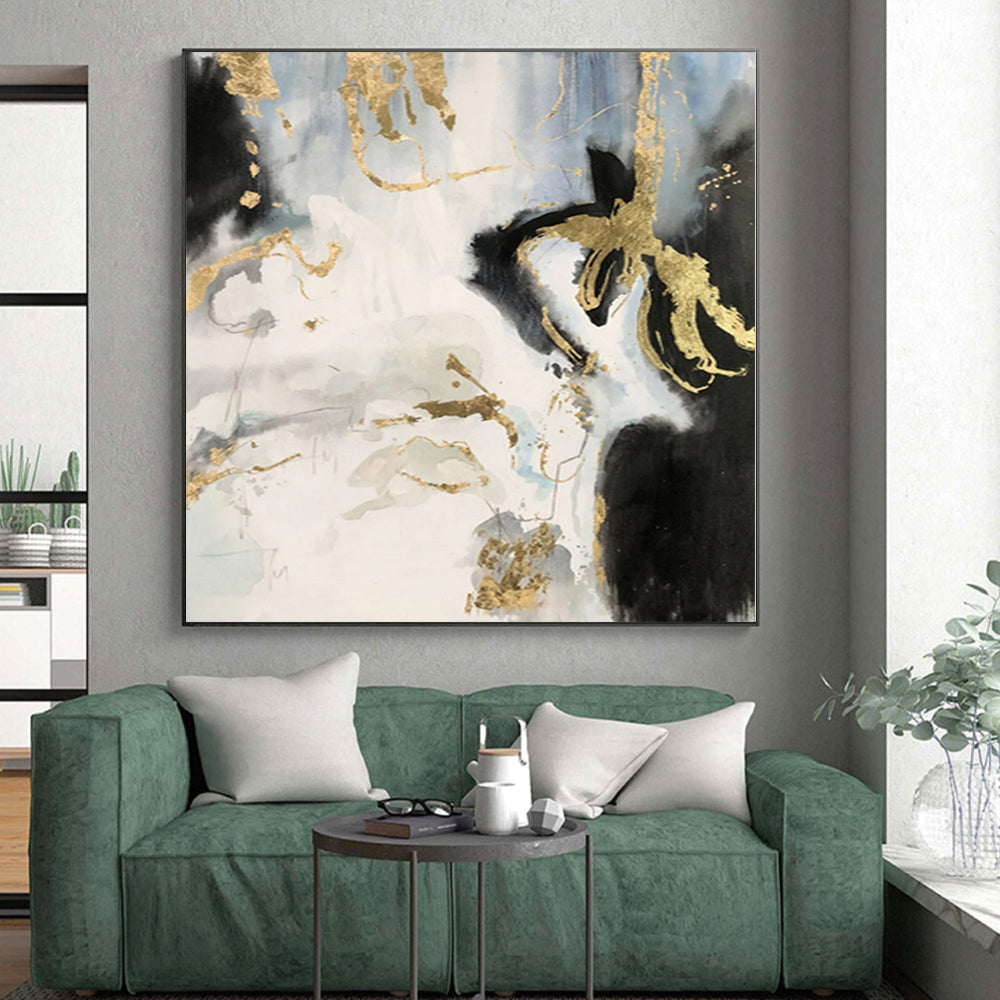 “Black, White, and Gold Abstract Splashes”,Expressive Abstract Painting CT0363