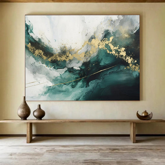 “Teal - Gold Fluid Waves” - Teals, greens, golds; flowing, marble - like abstraction CT1616