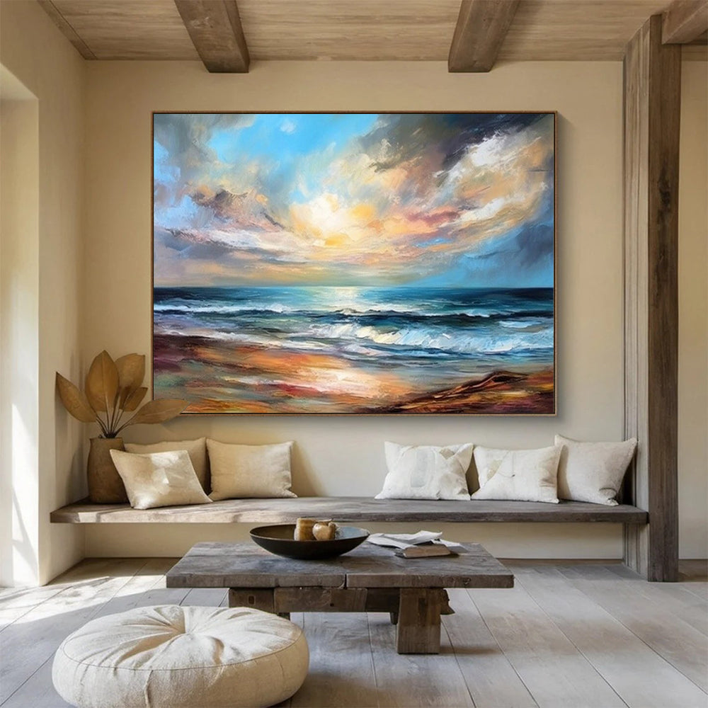 “Seascape Dream” - Blues, oranges, whites; vibrant, swirling sunset over ocean CT1511