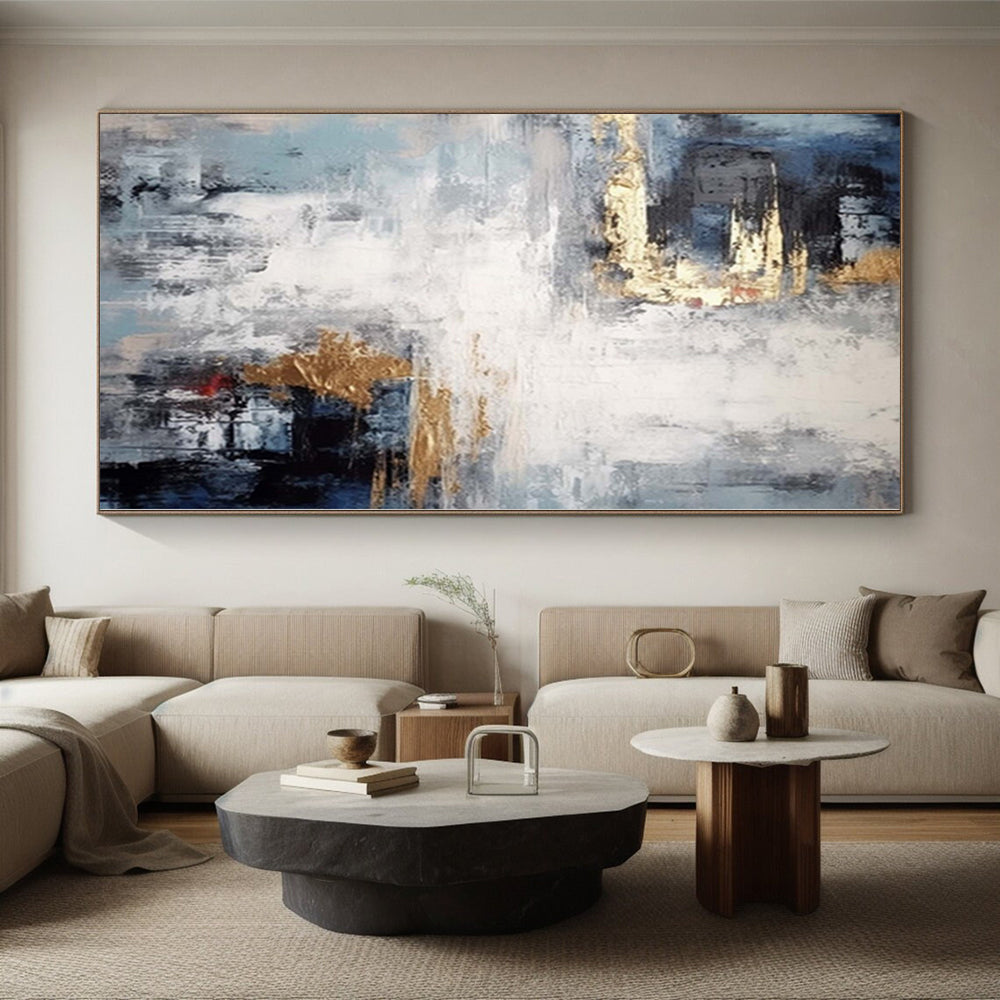 “Blue - Gray - Gold Abstract Mist” Minimalist Acrylic Art CT0237