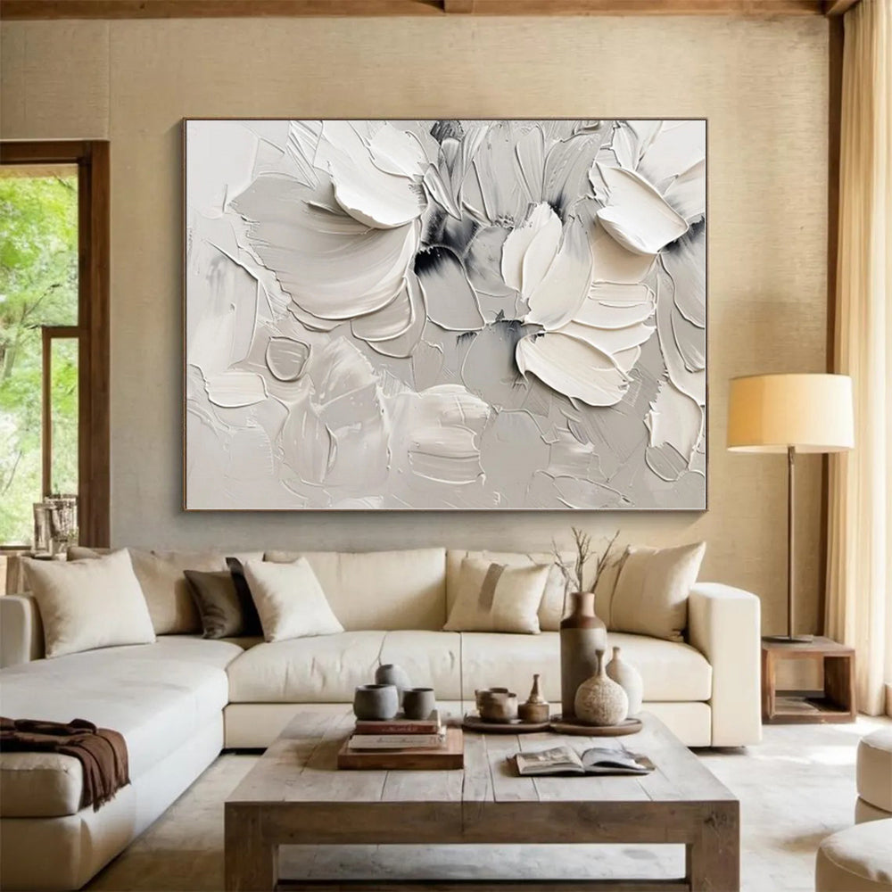 “Textured White Blooms”,Abstract Floral Impasto Artwork CT0525