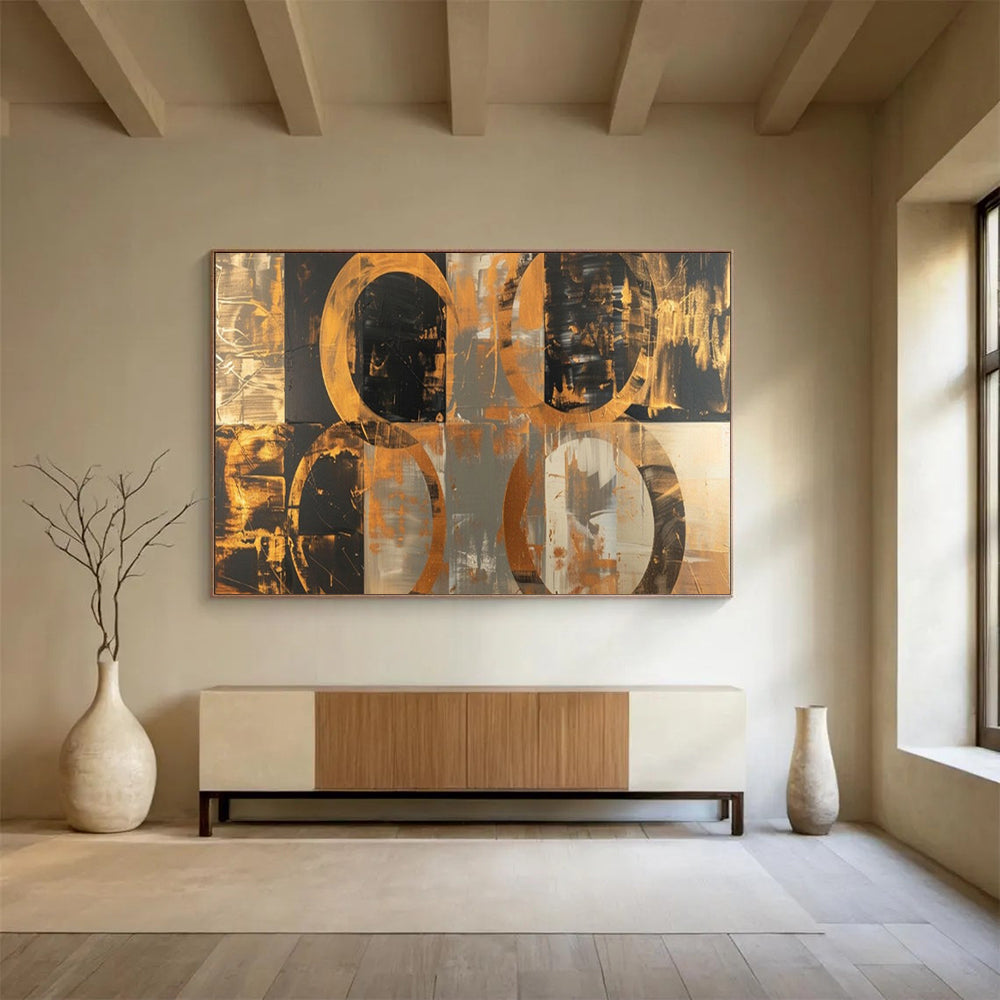 “Gold - Black Circular Echoes” – Abstract Acrylic Painting CT1716