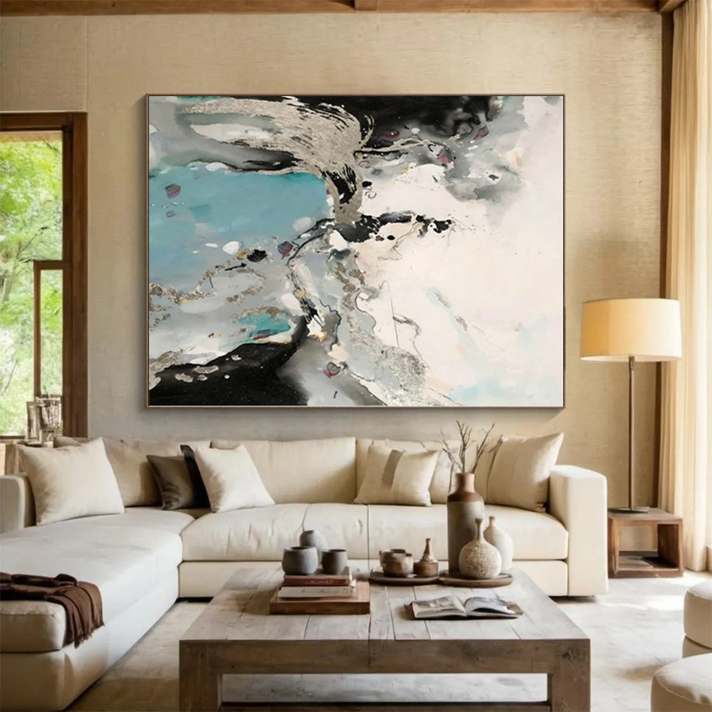 “Black, White, and Blue with Metallic Accents”,Ethereal Abstract Painting CT0365