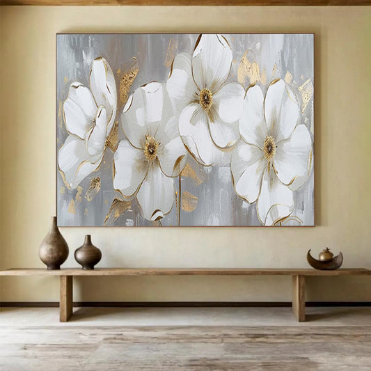 “Hand - painted White Flowers with Gold” - White flowers and gold accents on gray CT1653