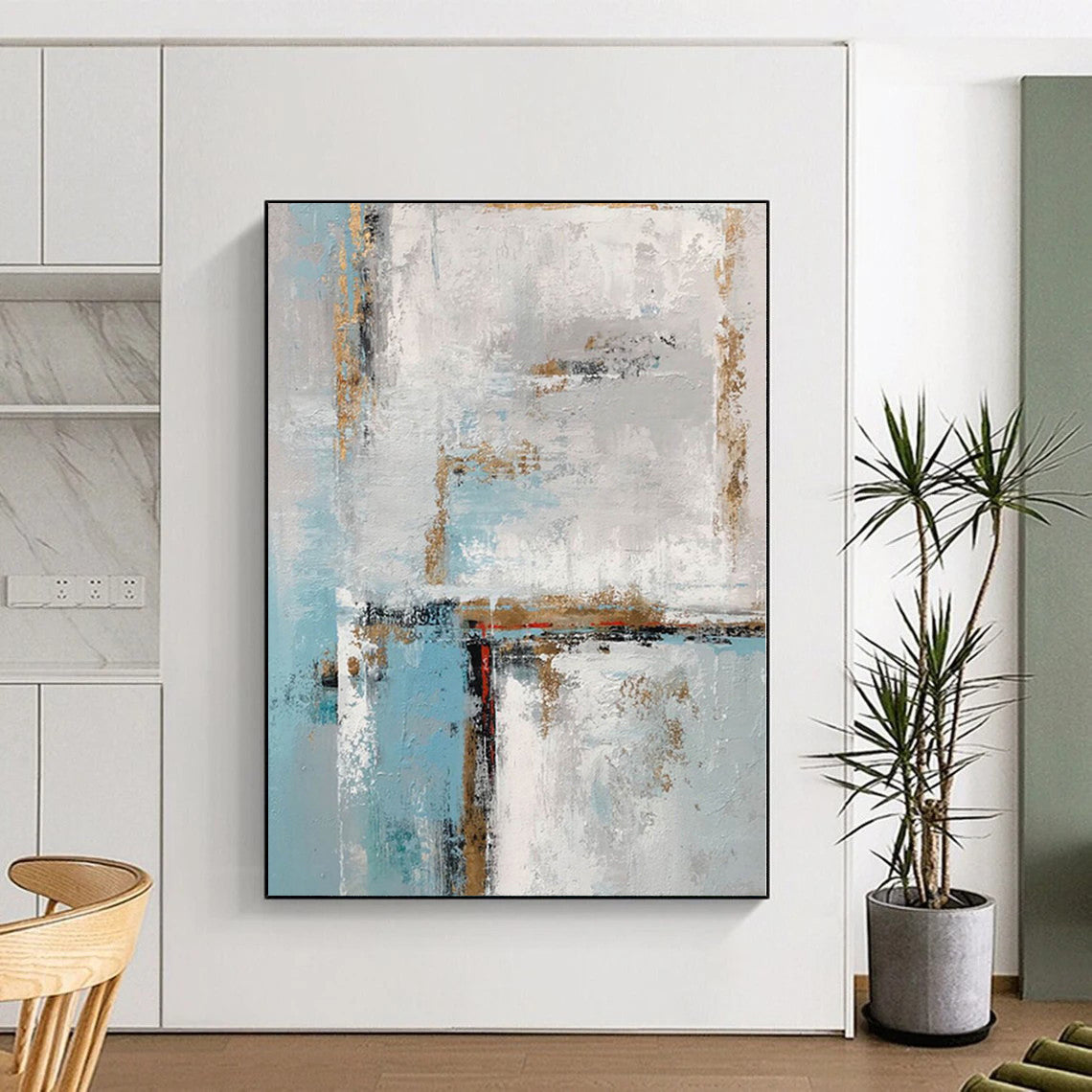 “Blue - White Abstract with Gold Edges”,Minimalist Abstract Painting CT0375