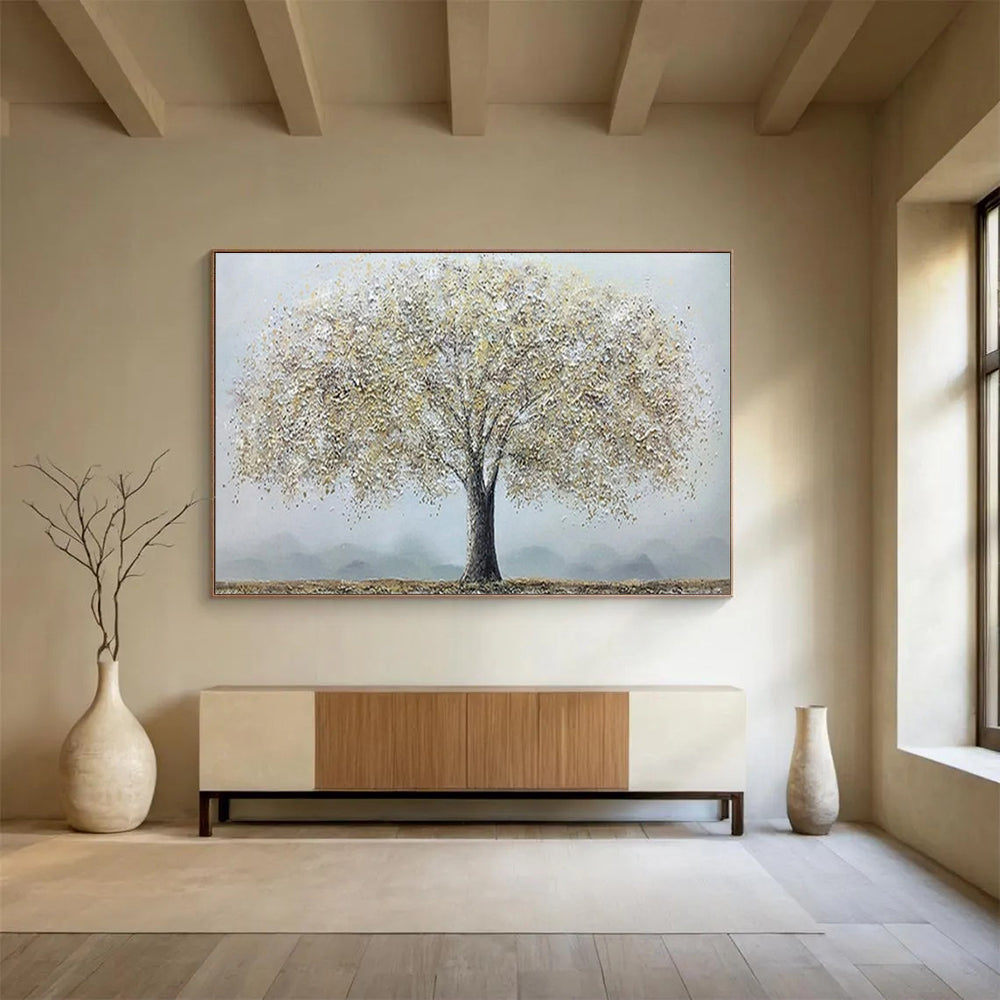 “Silver Tree” - Tones of silver - white, light gray, and brown; a fluffy crown like silver blossoms, a single tree against a hazy background CT1526