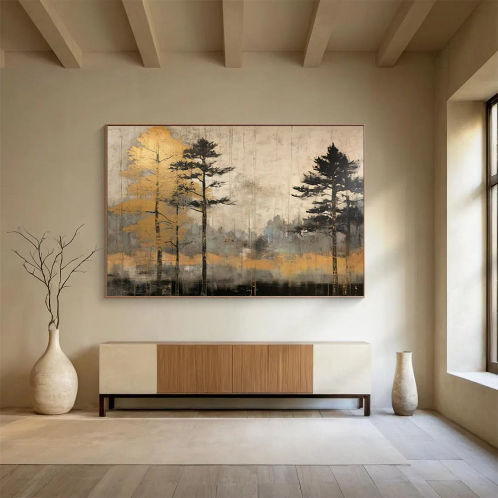 “Golden Forest Mist” - Gray, beige, gold; tall tree silhouettes in a hazy forest CT1575