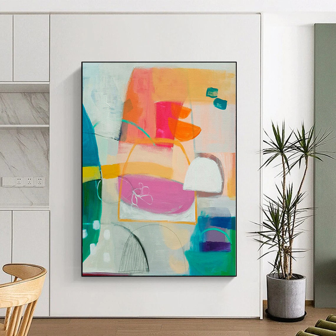 “Colorful Abstract Forms” - Abstract Painting with Orange, Pink, Blue, Green CT0093