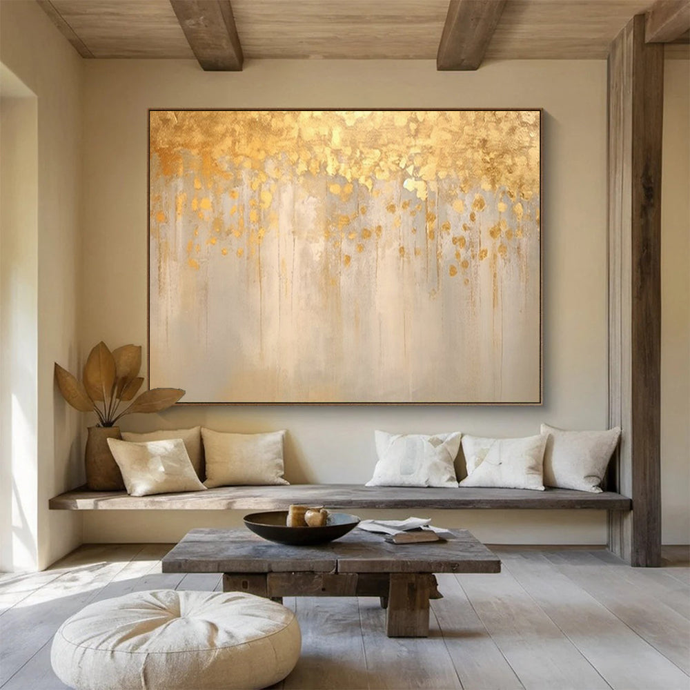 “Golden Drizzle” - Shades of gold, beige, and light gray; golden paint drips and spots on a muted background CT1535