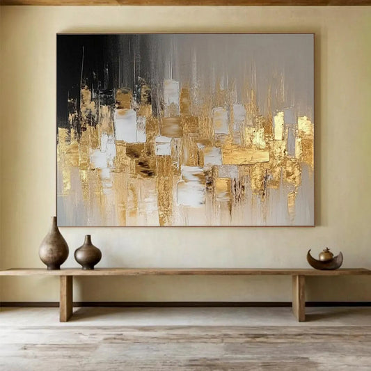 “Gilded Urban Silhouette” - Black, gray, gold; abstract squares and lines form a city - like shape CT1555