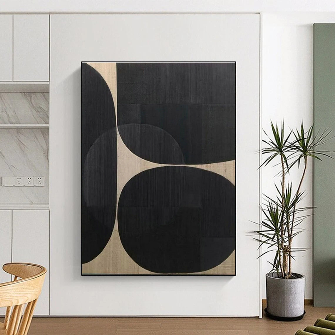 “Black Circles & Beige - Gold Weave”,Hard - Edge Abstract Art CT0595