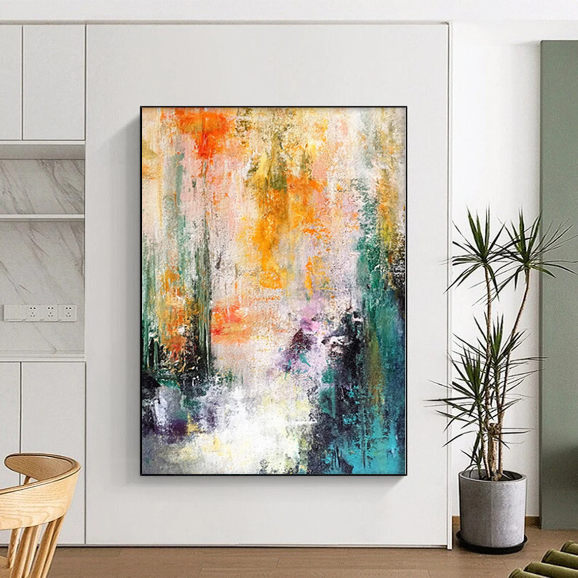 “Sunset Streams” - Abstract Art with Orange, Yellow, Green Vertical Strokes CT0006