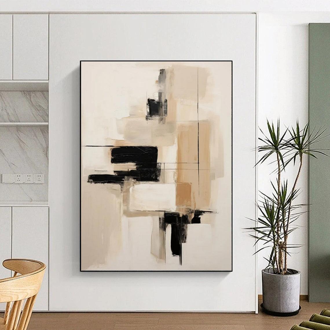 “Neutral Tones with Black Accents”,Abstract Minimalist Oil Painting CT0530