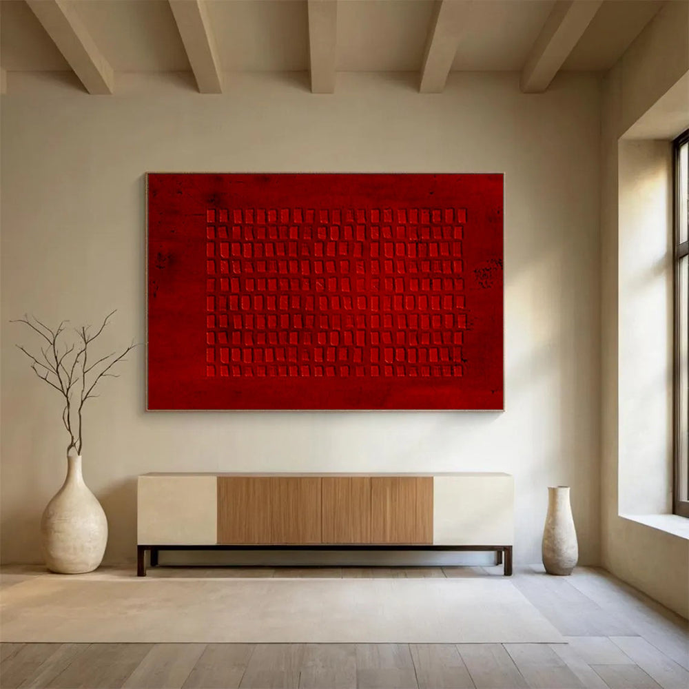 “Hand - painted Red Grid” - Textured red grid pattern CT1651