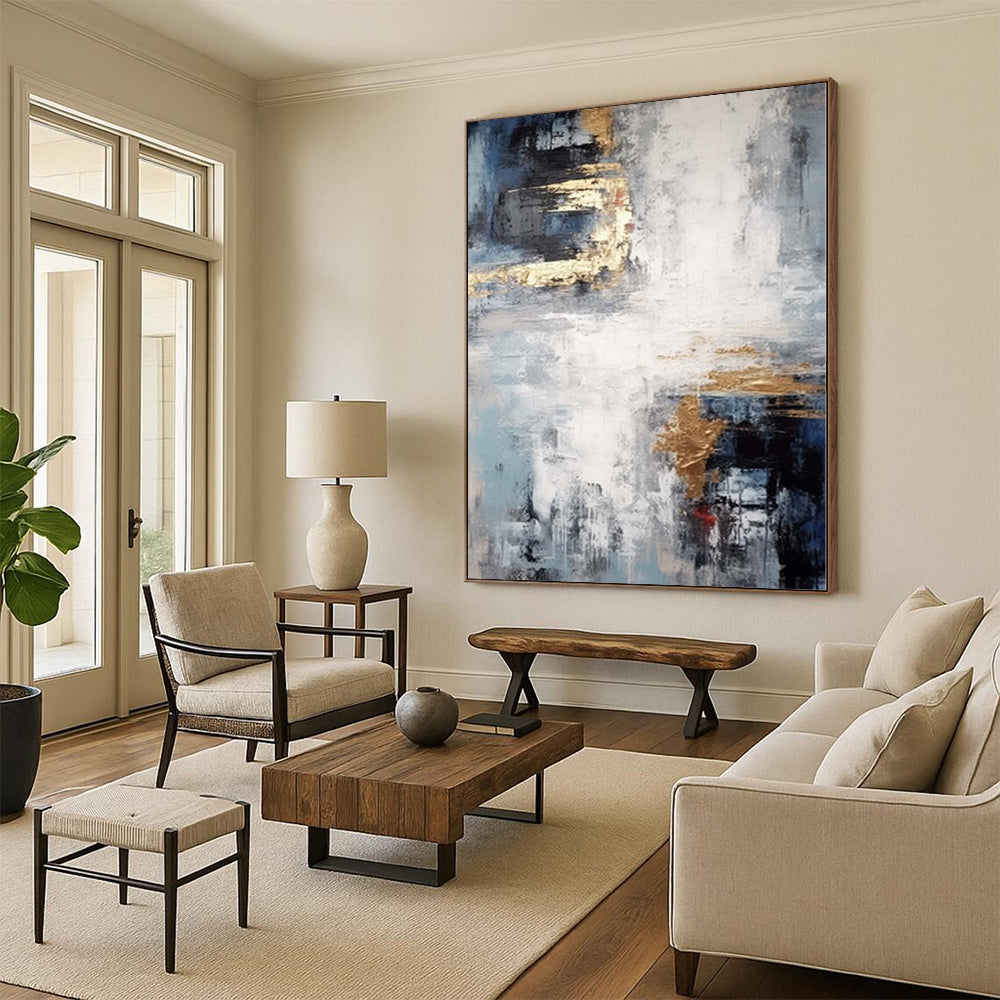 “Blue - Gray - Gold Abstract Mist” Minimalist Acrylic Art CT0237
