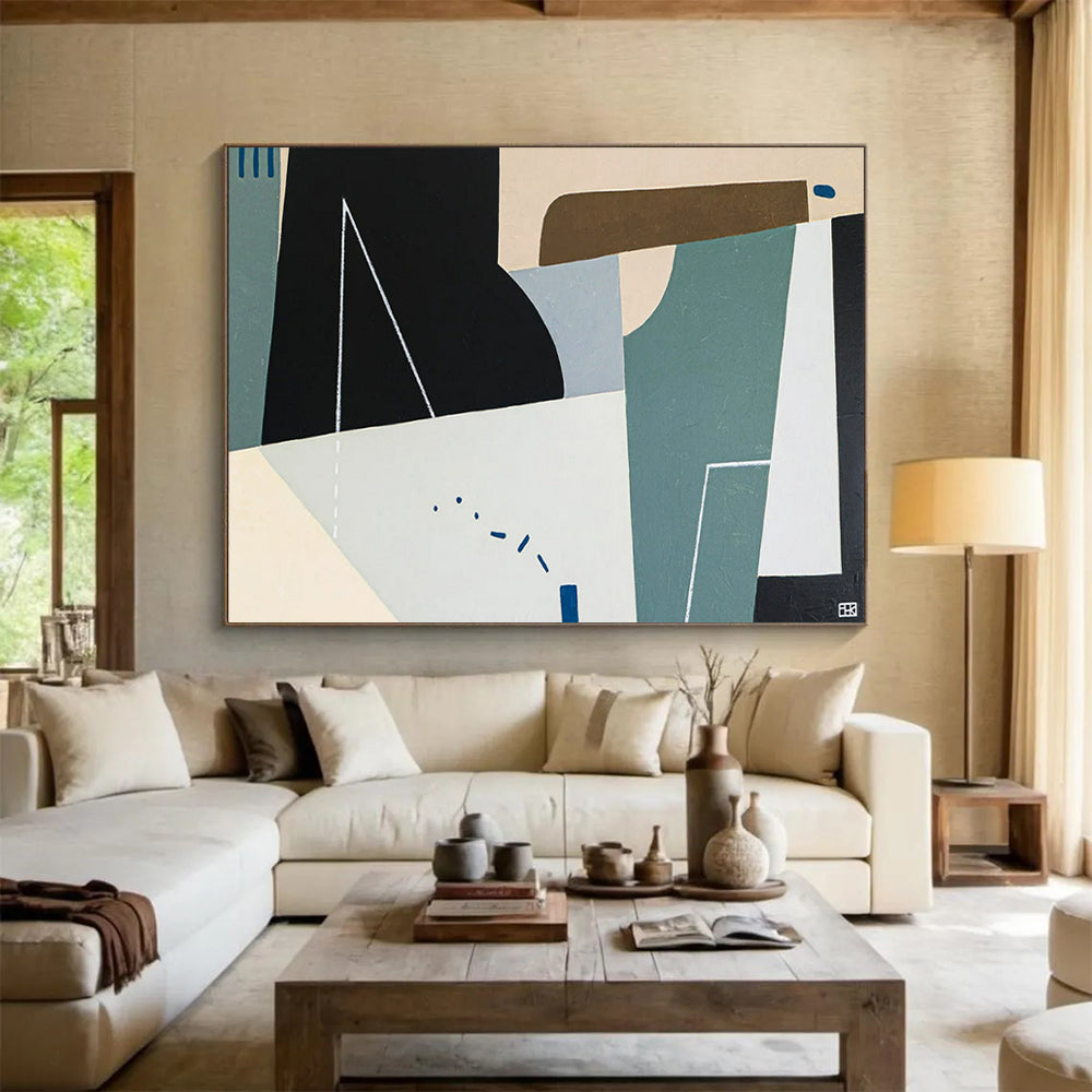 “Geometric Harmony in Neutrals and Blues” - Abstract Geometric Acrylic Painting CT1805