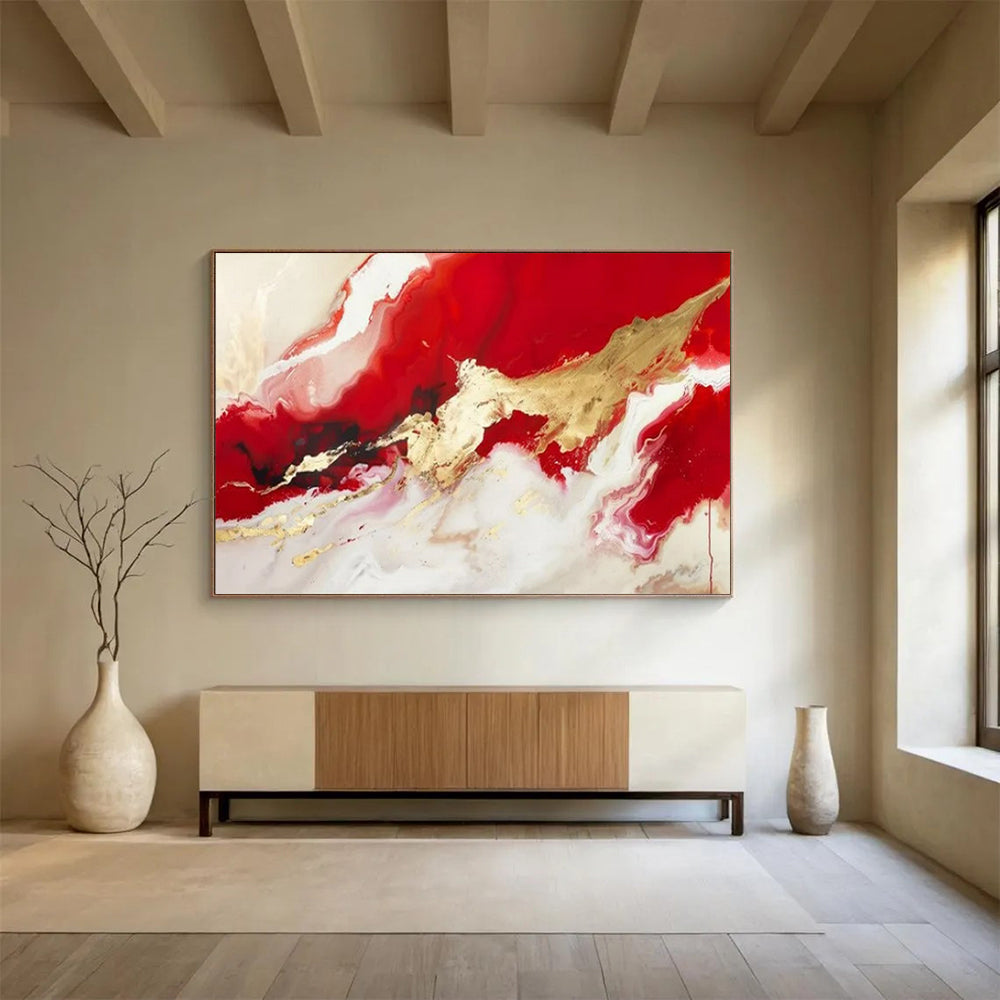 “Red - Gold Fluid Abstraction” - Reds, whites, golds; flowing, metallic - accented color waves CT1614