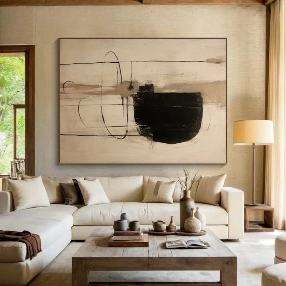 “Minimalist Black and Beige Forms”,Abstract Line - Driven Acrylic Painting CT0526
