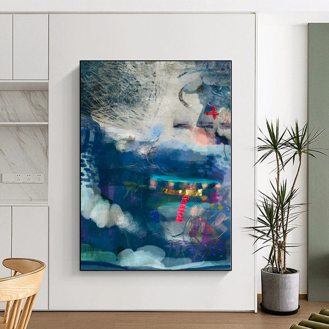 “Blue Collage Dream” - Mixed - Media Art with Blues, Purples, Gold, Pink CT0095