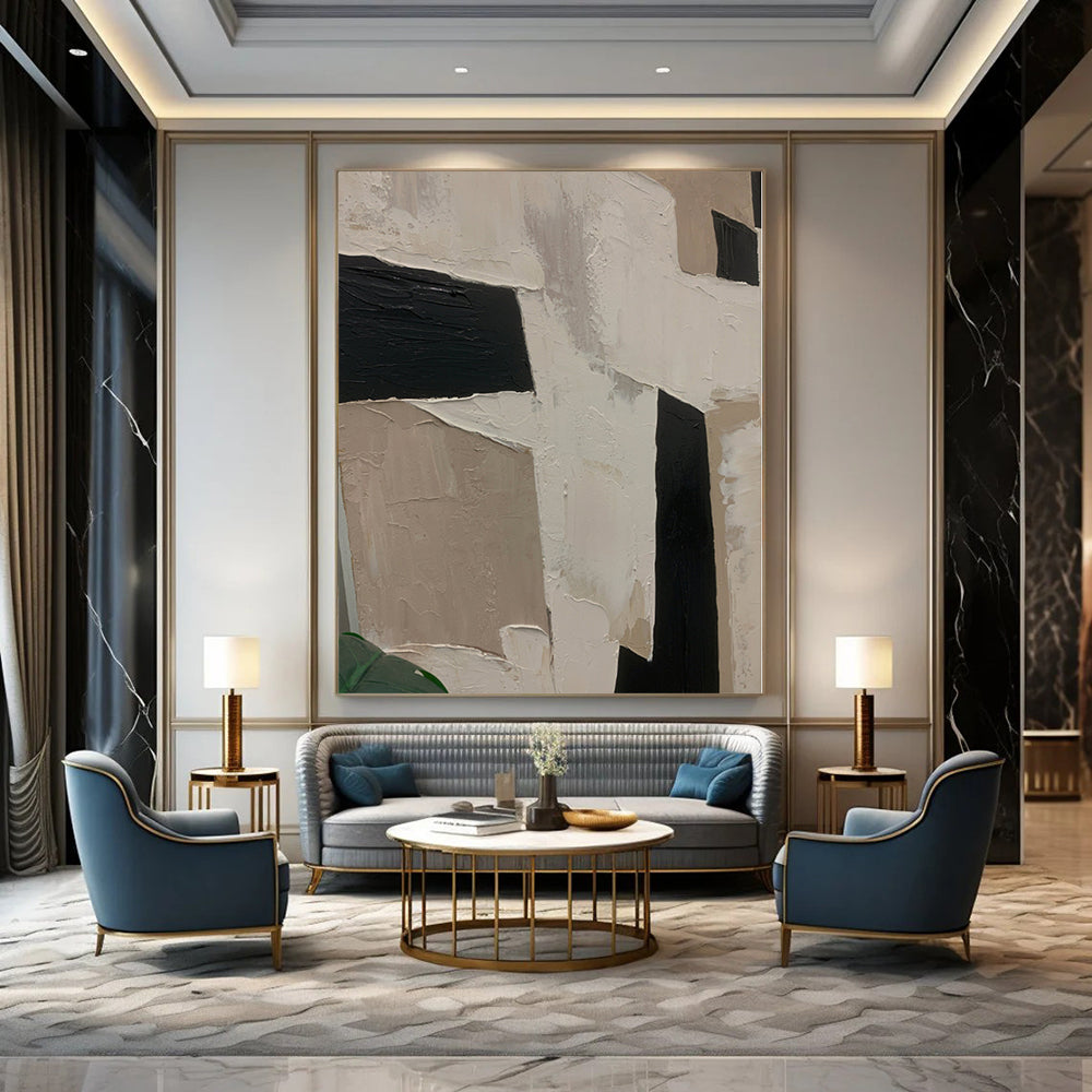 “Textured Neutral Shapes” - Abstract Work with Beige, Black, White CT0107