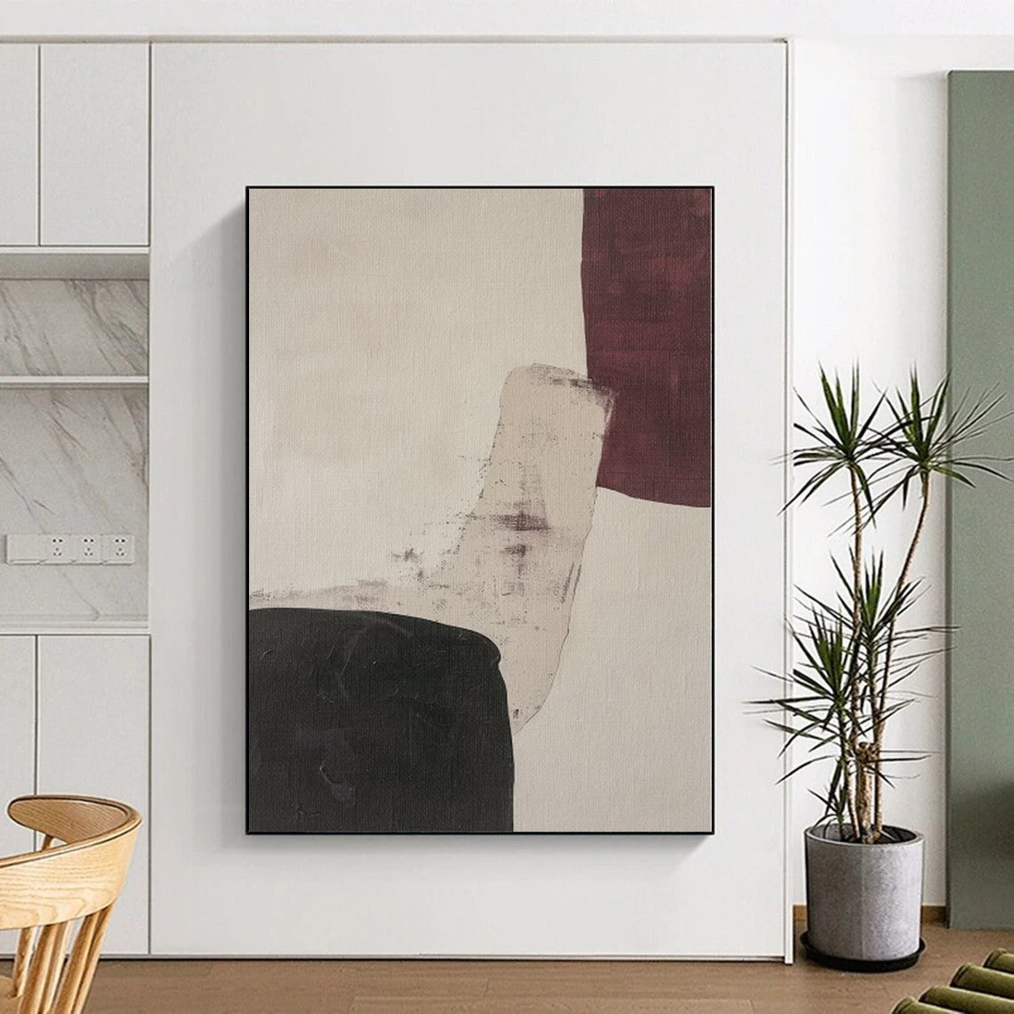 “Beige - Black - Burgundy Shapes” Abstract Acrylic Art CT0265