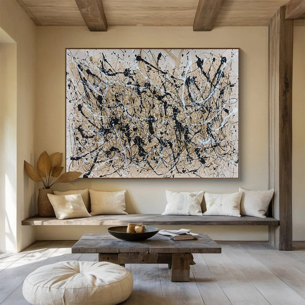 “Beige - Black Dripping Chaos” - Beige, black, white; chaotic drips & splatters CT1588