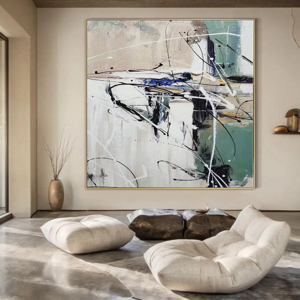 “Black - White - Green Abstract Chaos” Expressionistic Acrylic Art CT0202